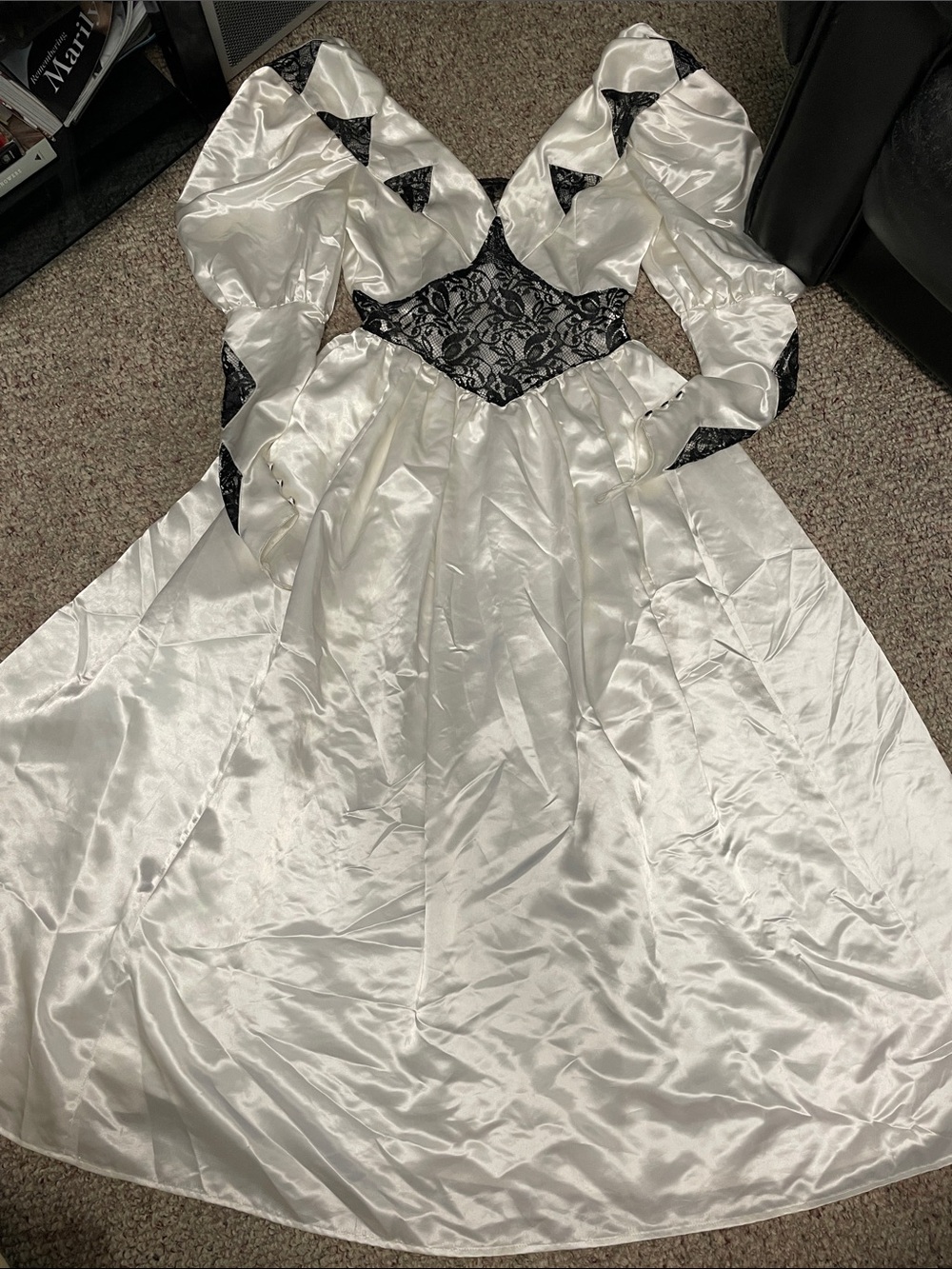 Vintage Victorian look White Satin ballGown with Black Lace Accents